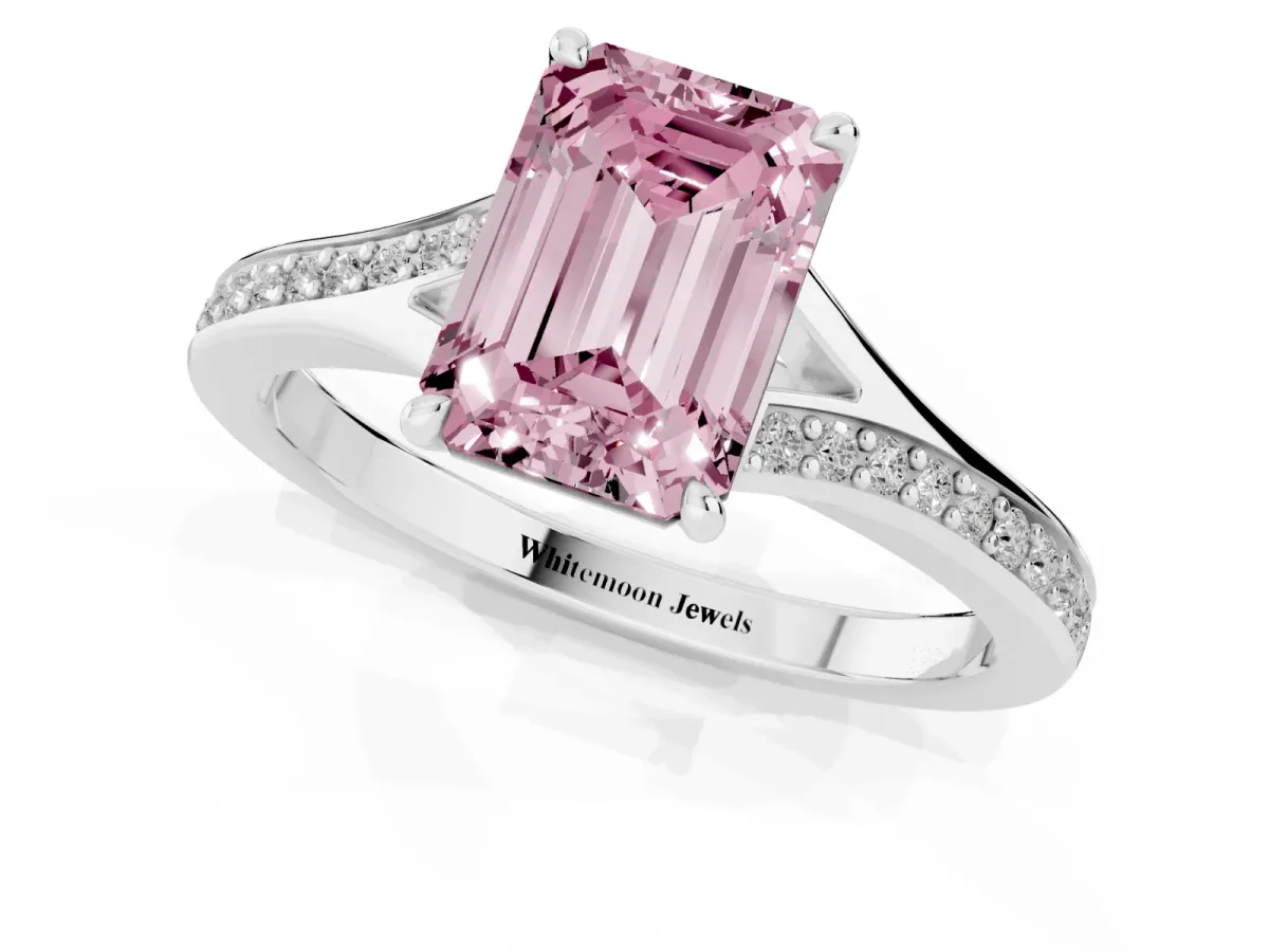 Fancy Pink Emerald Cut Diamond Solitaire Ring with Pavé Band and Prong Setting Silver