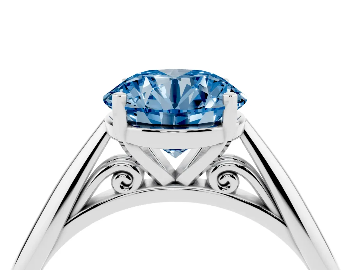 Fancy Blue Round Cut Diamond Solitaire Engagement Ring with Cathedral Setting and Four-Prong Mount Silver