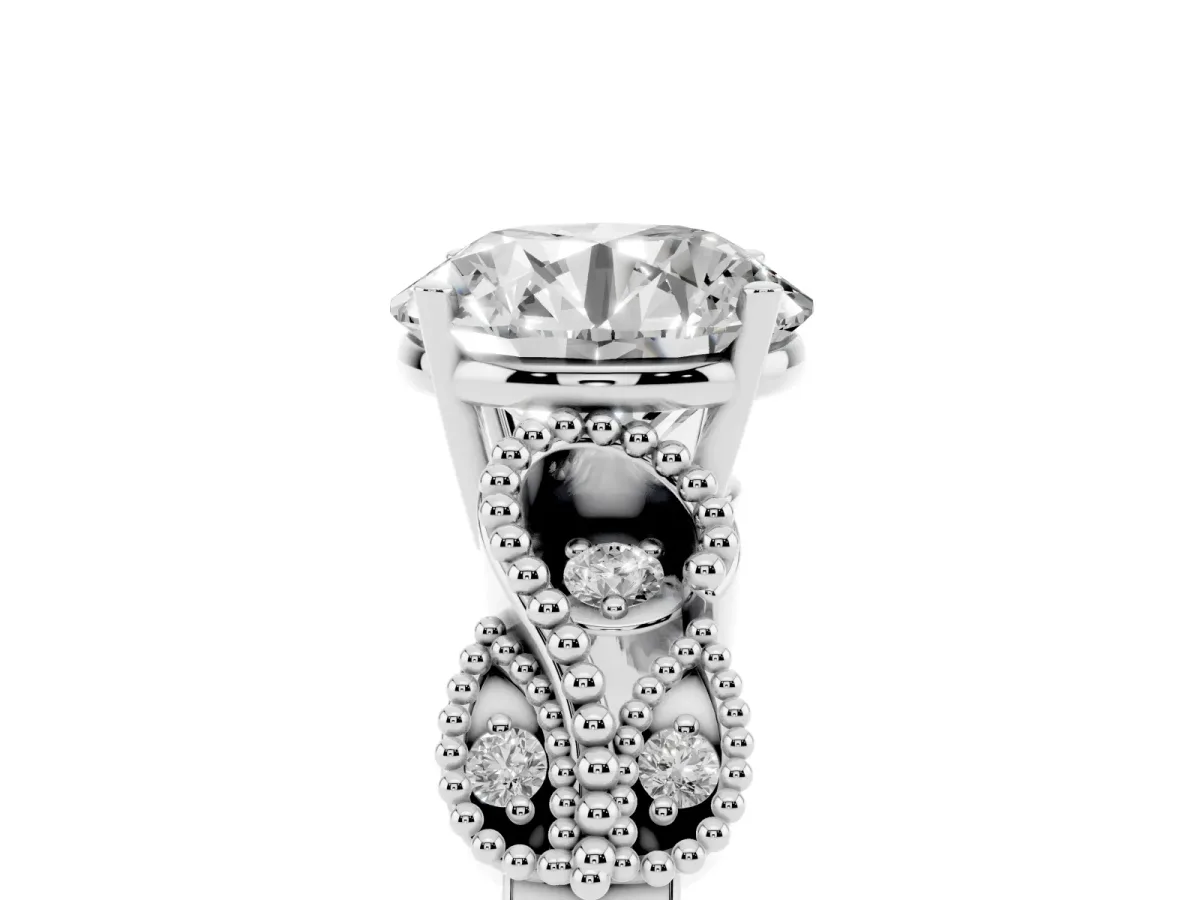 Round Cut Solitaire Milgrain Leaf Band with Prong Setting Silver
