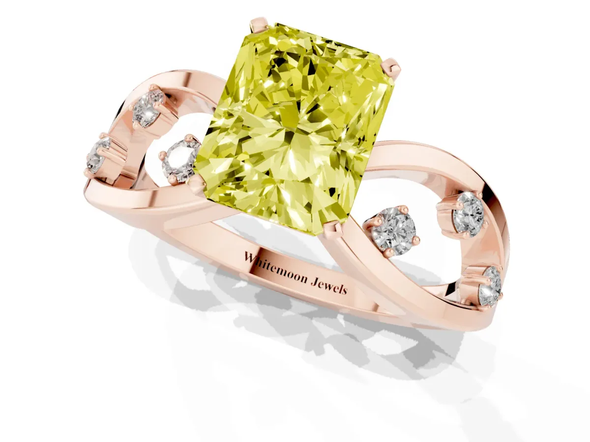 Fancy Yellow Radiant Cut Cut Solitaire Diamond with Side Stones on Criss-Cross Band and Four-Prong Setting Rose gold