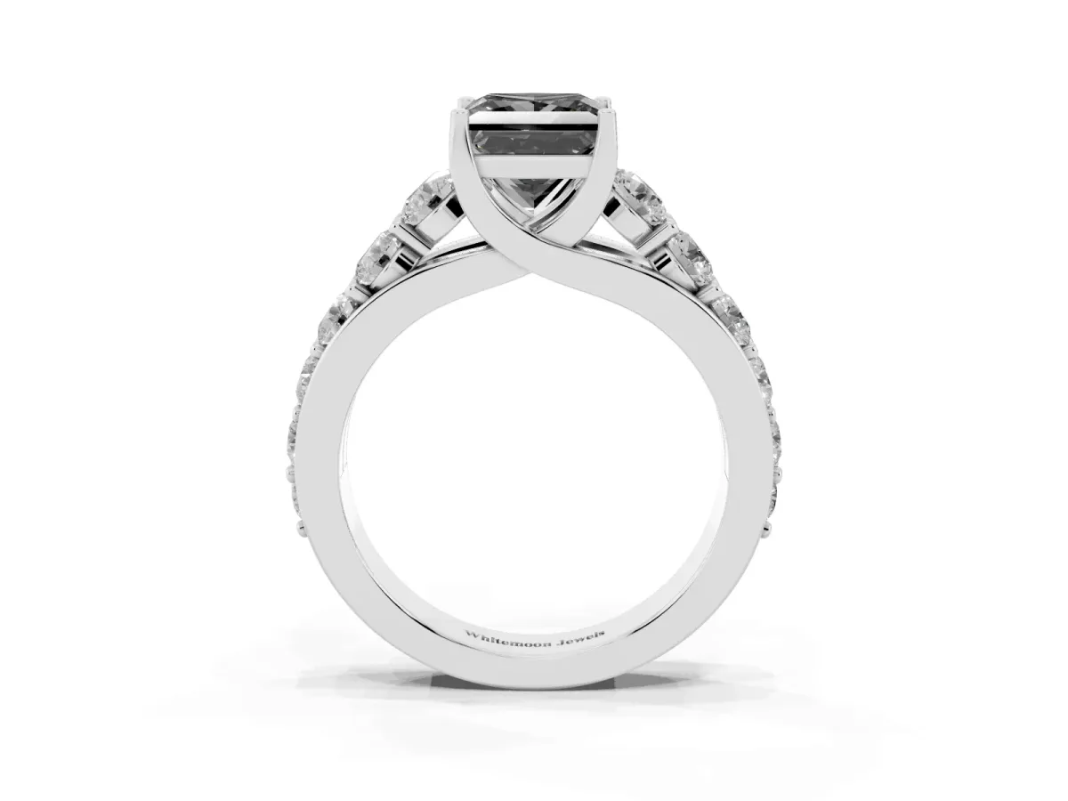 Fancy Black Princess Cut Diamond Engagement Ring with Pavé Band and Four-Prong Setting Platinum