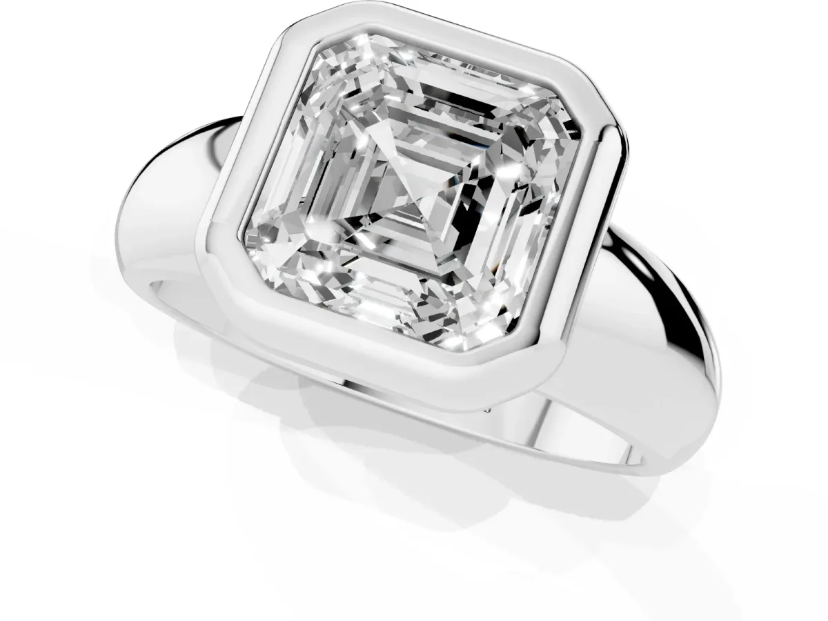 Bezel Set Asscher Cut Solitaire Ring with Wide Band Platinum