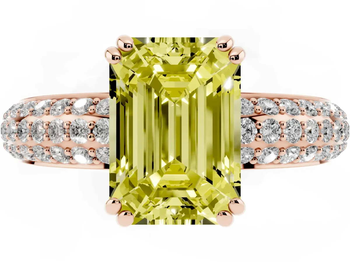 Fancy Yellow Emerald Cut Diamond Solitaire Ring with Multi-Row Round Pavé Band and Prong Setting Rose gold