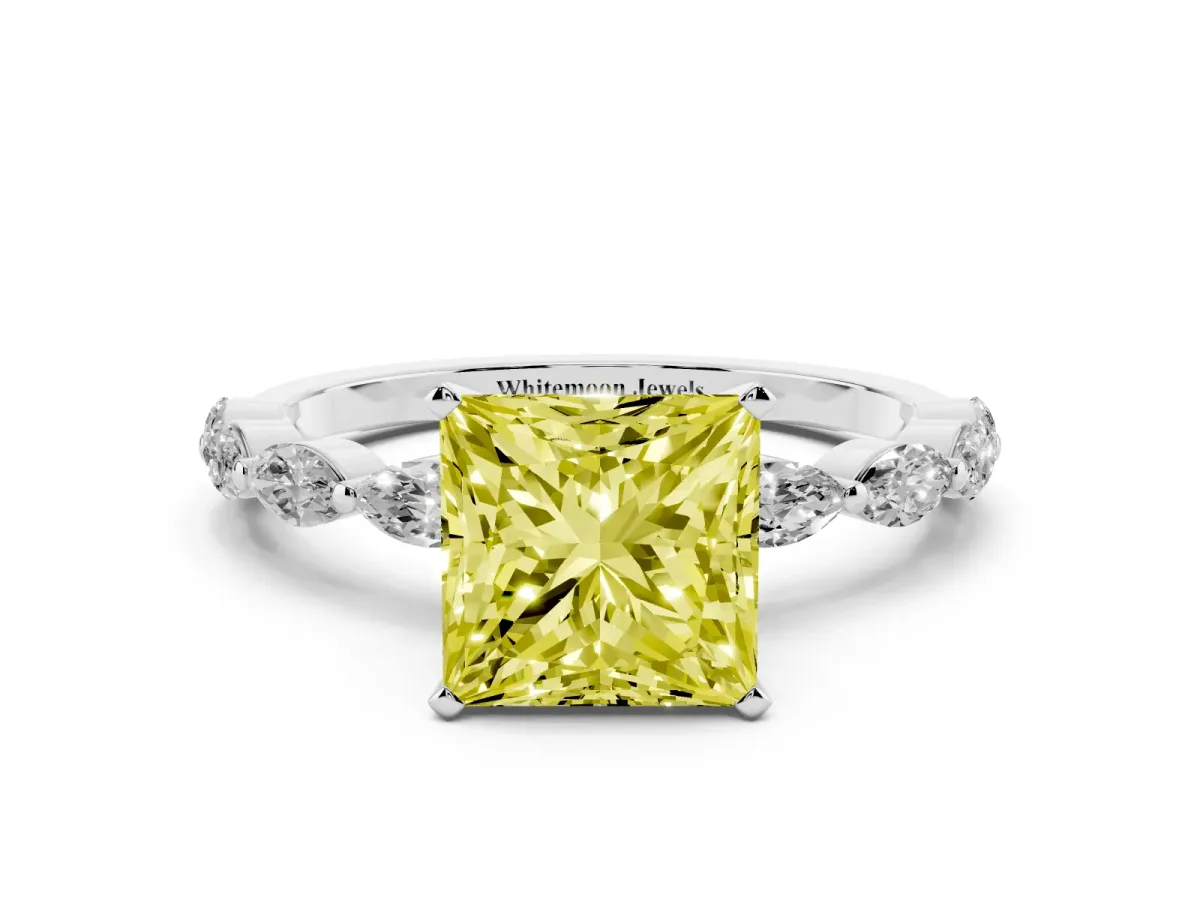 Fancy Yellow Princess Cut Diamond Ring with Marquise Side Stones and Prong Setting Platinum
