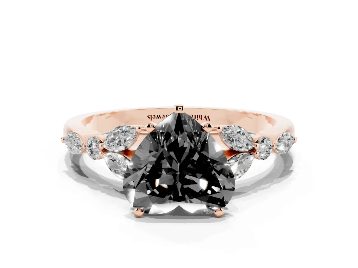 Fancy Black Heart Cut Diamond Solitaire Ring with Side Stones and Four-Prong Setting Rose gold