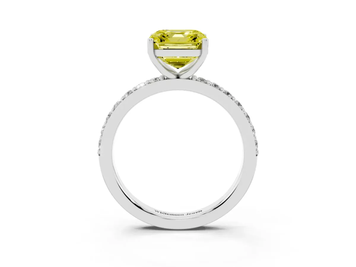Fancy Yellow Asscher Cut Cut Diamond Solitaire with Pave Band and Four-Prong Setting Silver