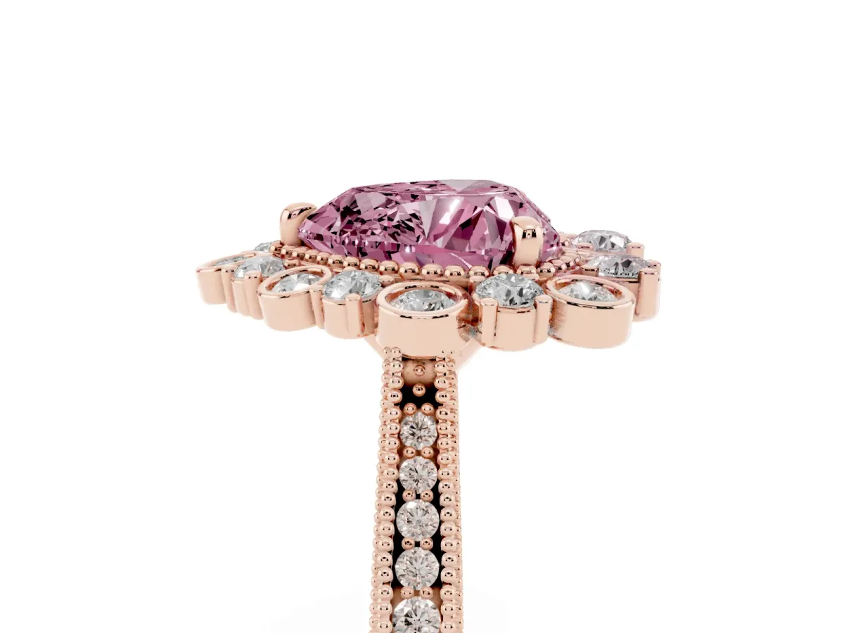 Fancy Pink Heart Cut Halo Milgrain Pave Diamond Ring with Four-Prong Setting Rose gold
