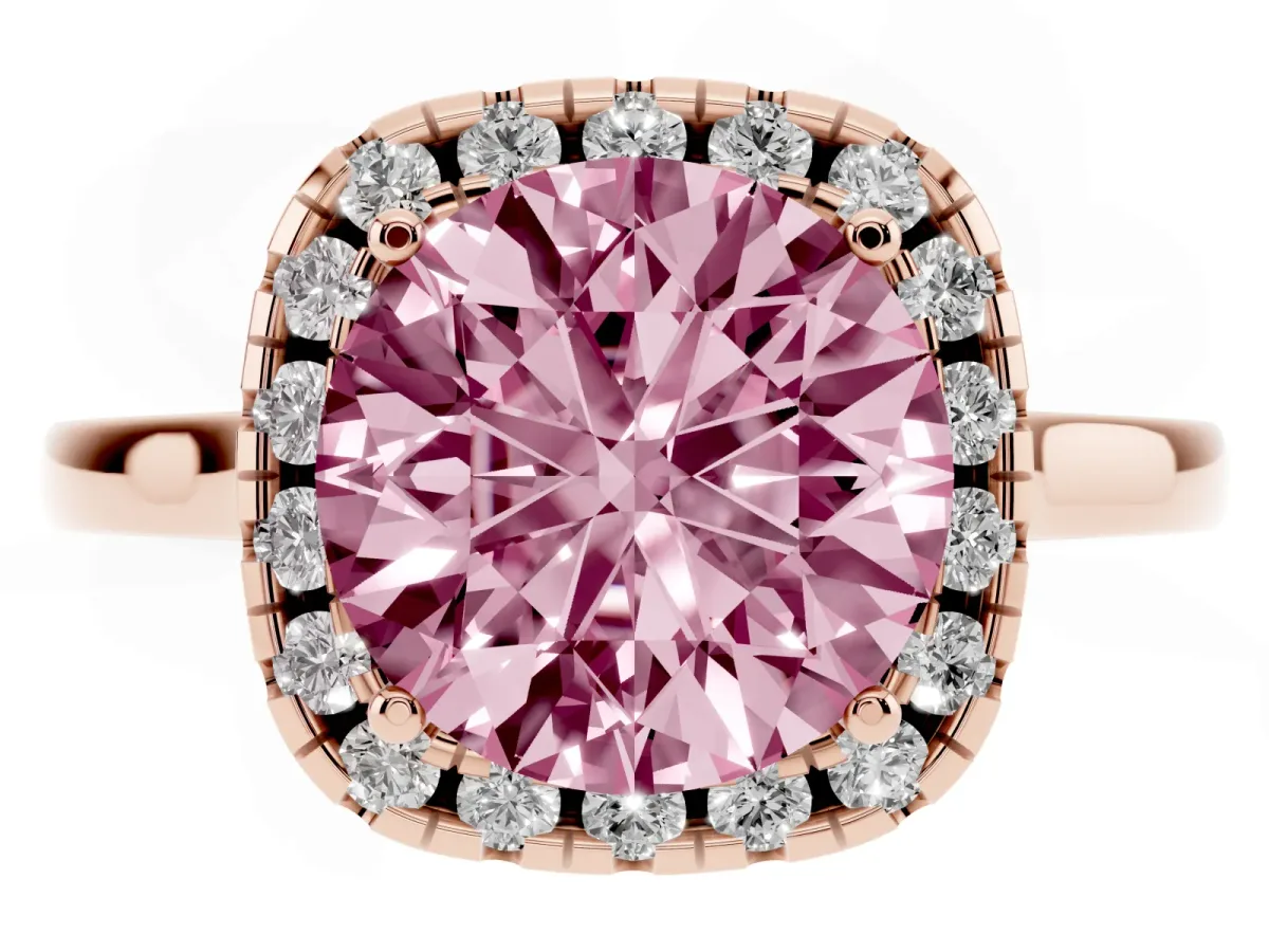 Fancy Pink Round Cut Halo Round Diamond Solitaire Ring with Pavé Band and Four-Prong Setting Rose gold