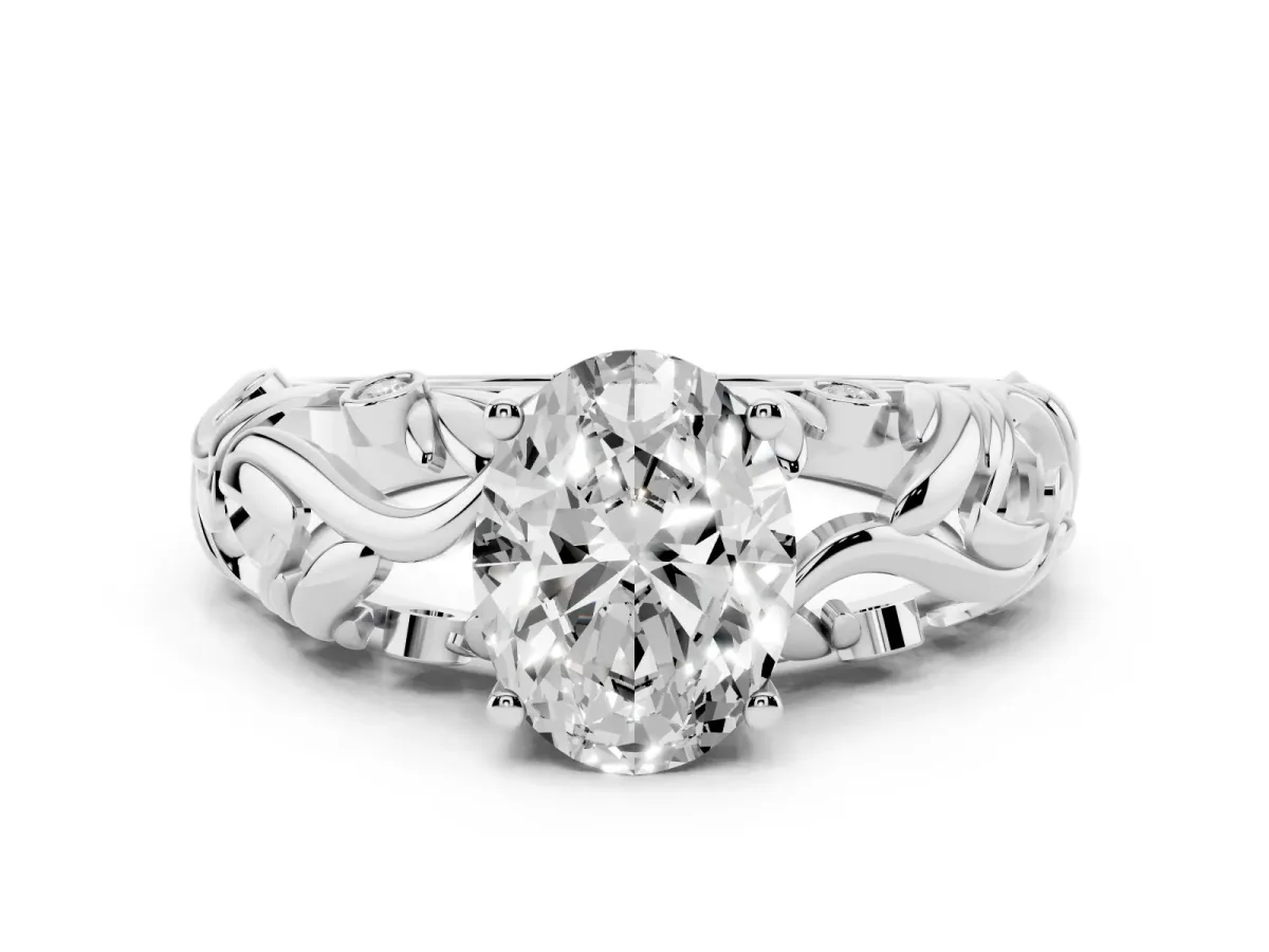 Oval Cut Solitaire Diamond Leaf-Inspired Vine Band Ring with Prong Setting Platinum