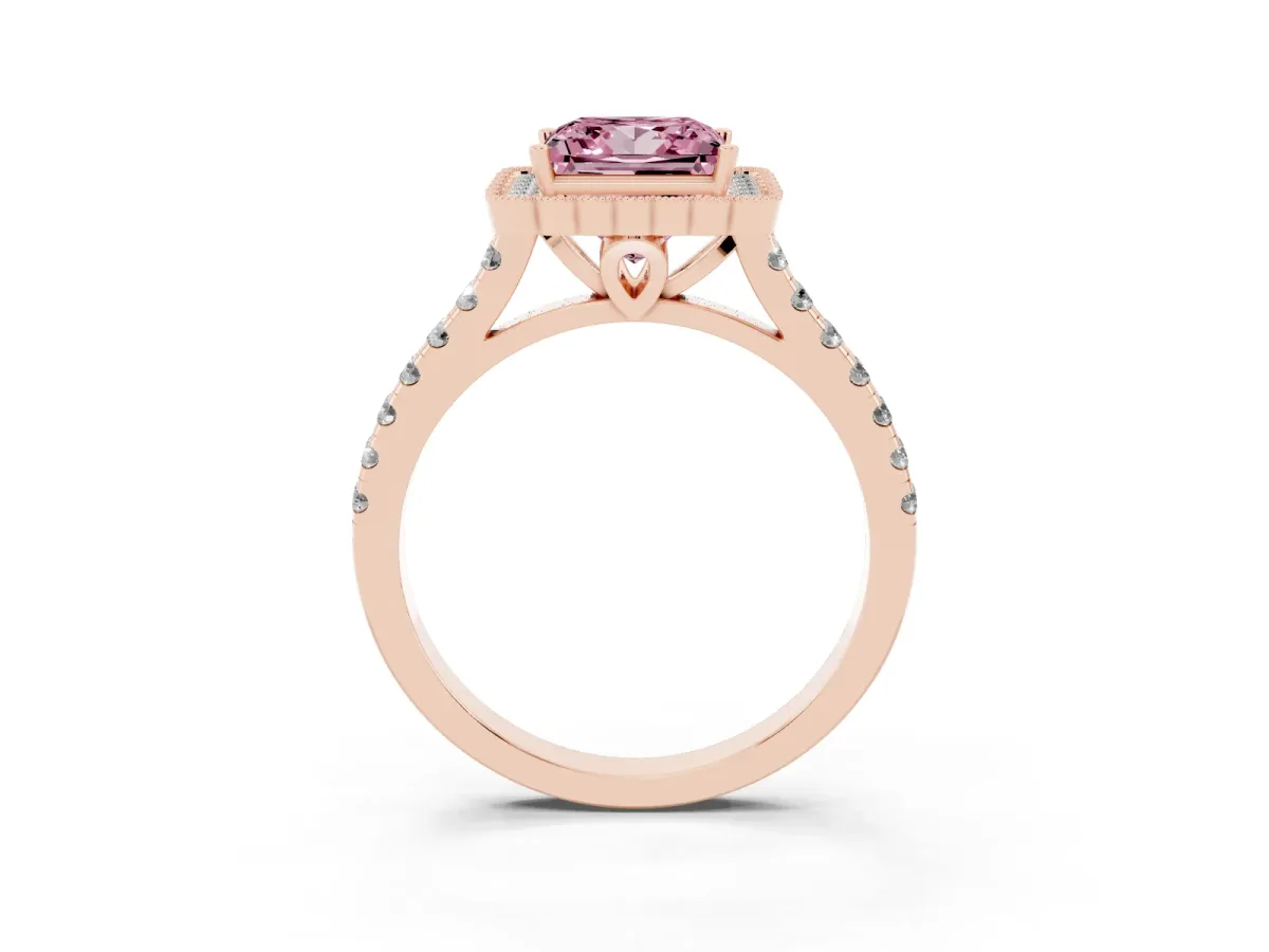 Fancy Pink Princess Cut Cut Diamond Milgrain Floral Halo Engagement Ring with Pavé Band Rose gold