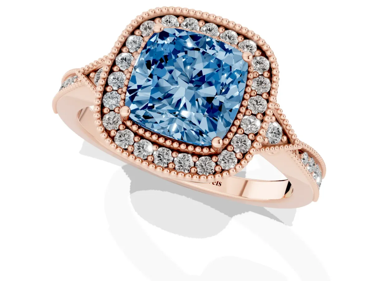 Fancy Blue Cushion Cut Halo Round Diamond Milgrain Pave Engagement Ring Rose gold