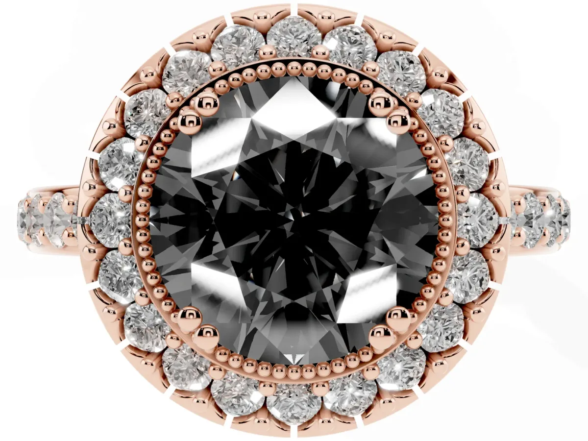 Fancy Black Round Cut Diamond Halo Ring with Pavé Band and Prong Setting Rose gold