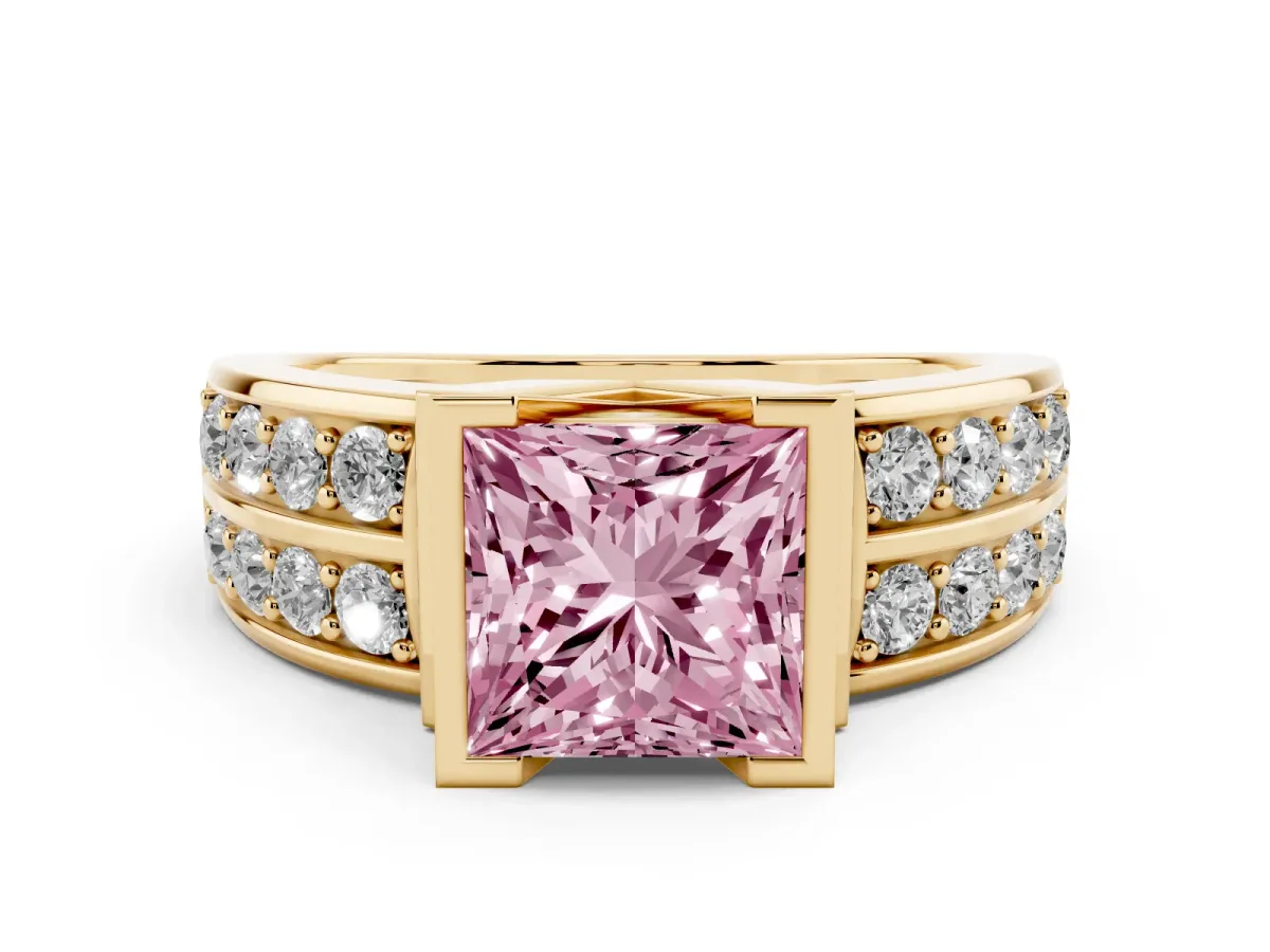 Fancy Pink Princess Cut Brilliant Diamond Channel Set Wide Band Ring with Bezel Setting Yellow gold
