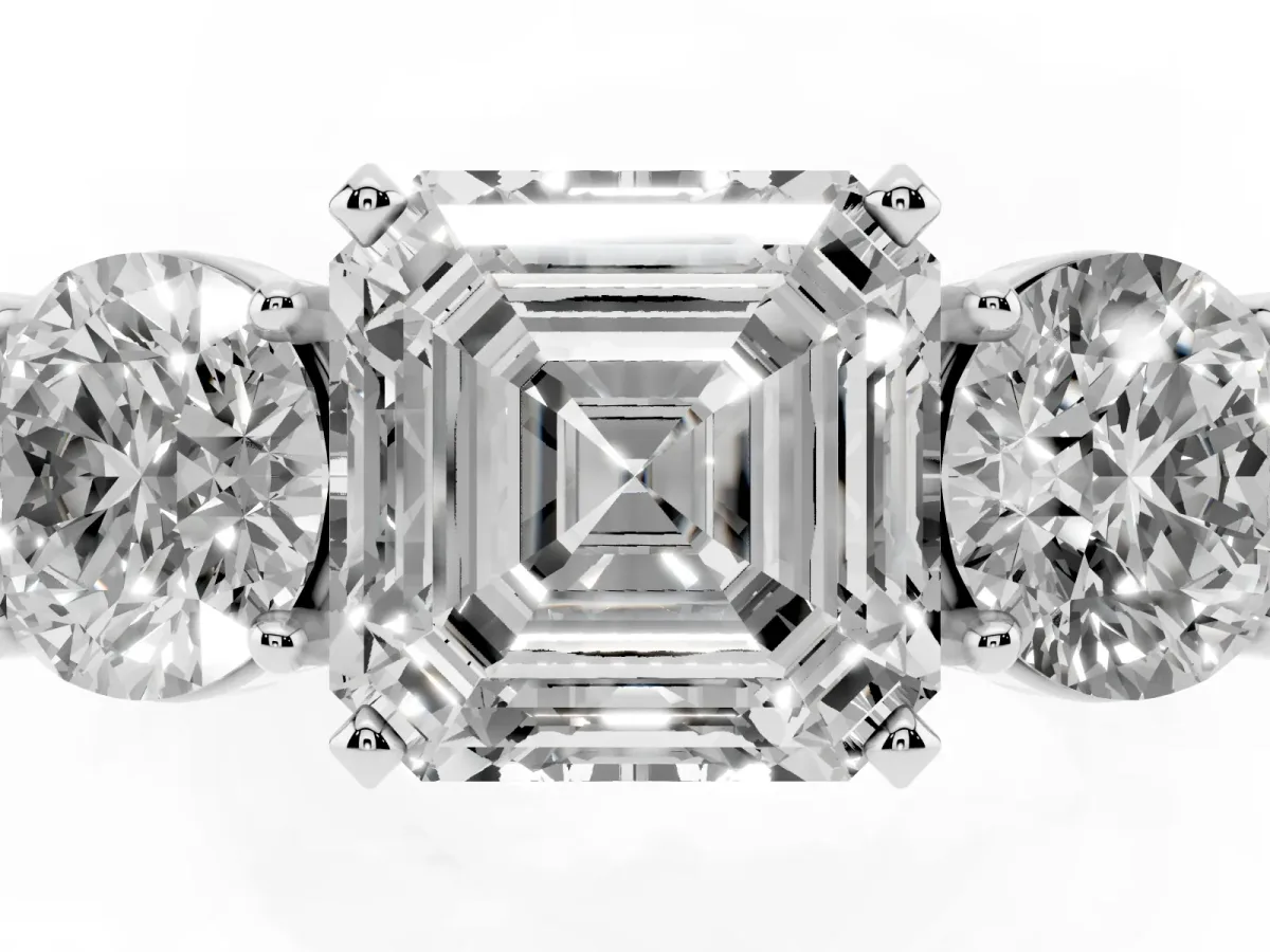 Three-Stone Asscher Cut Diamond Ring with Round Side Stones, Classic Band, and Four-Prong Setting Silver