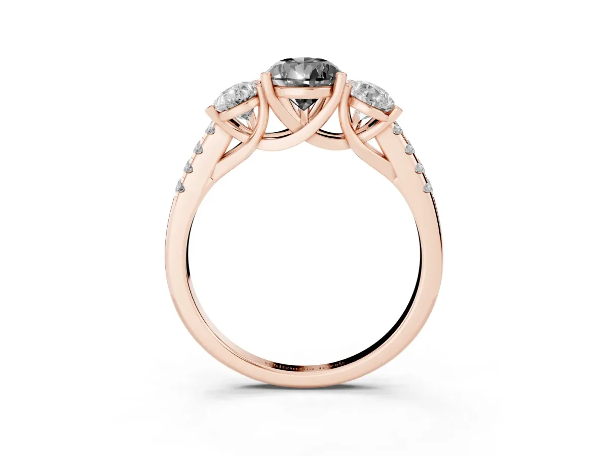 Fancy Black Three-Stone Pear Cut Diamond Ring with Round Pavé Band and Prong Setting Rose gold
