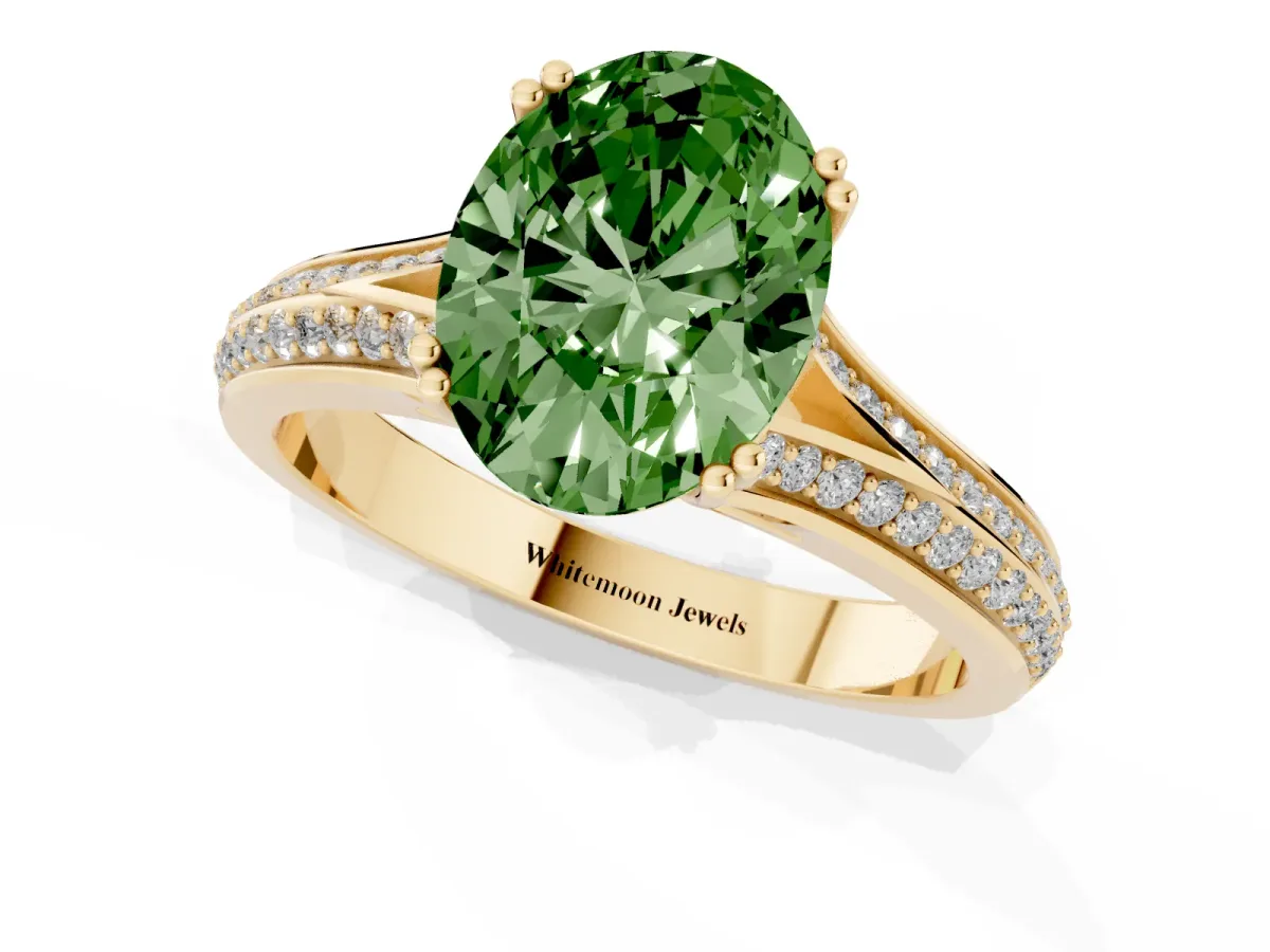 Fancy Green Oval Cut Diamond Split Shank Engagement Ring with Pavé Band Yellow gold