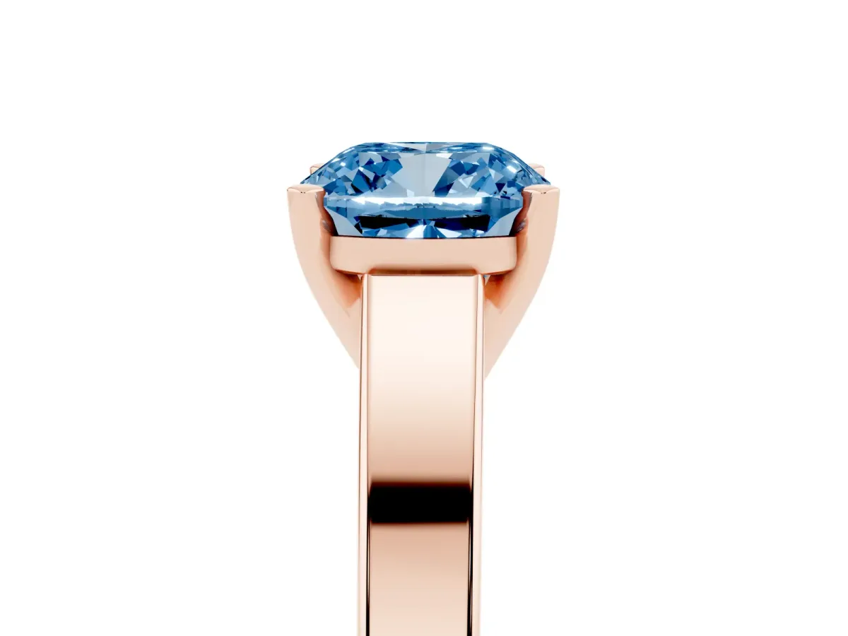 Fancy Blue Cushion Cut Solitaire Engagement Ring with Four-Prong Setting and Tapered Band Rose gold