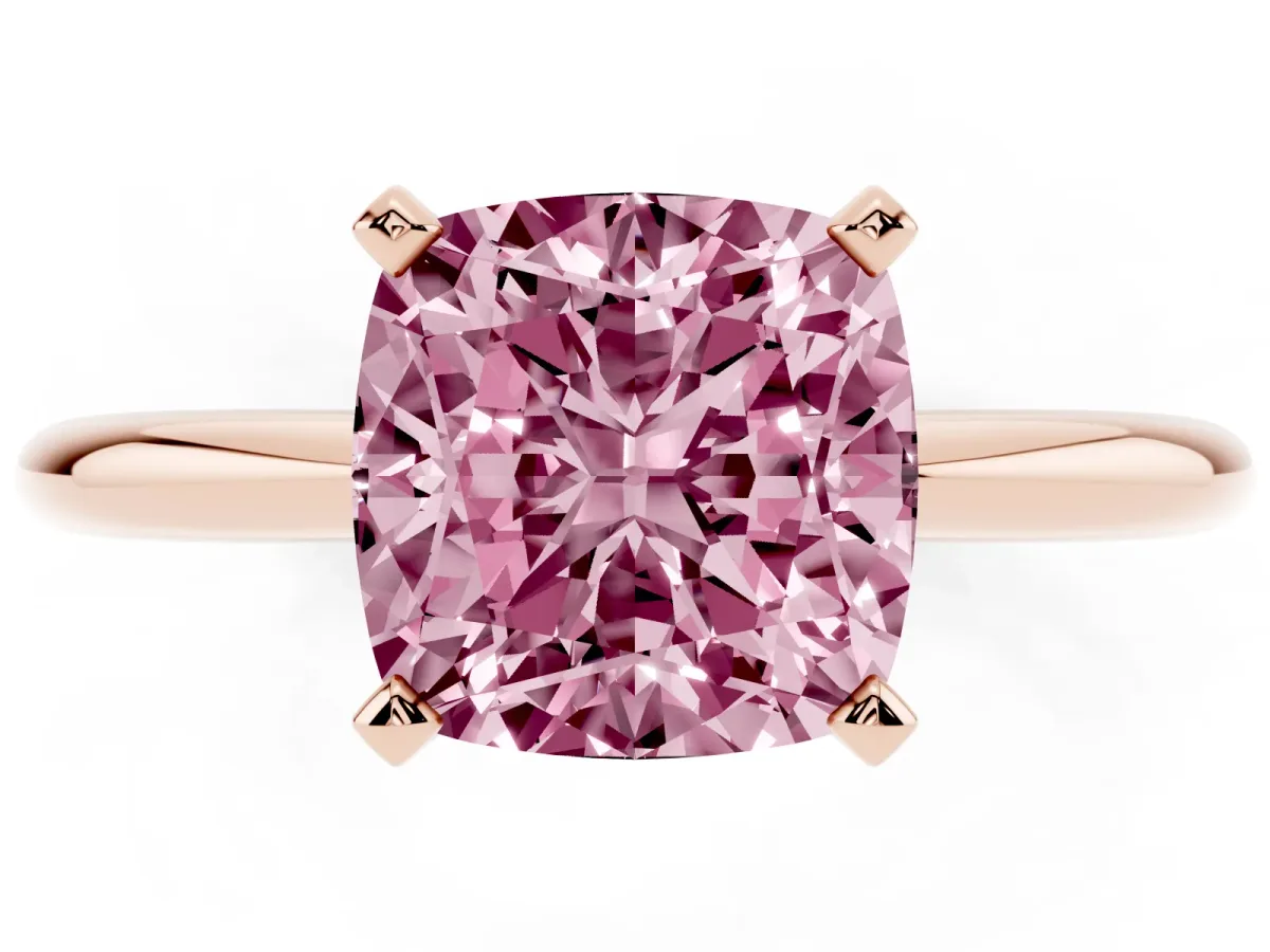 Fancy Pink Cushion Cut Diamond Solitaire Ring with Prong Setting and Classic Band Rose gold