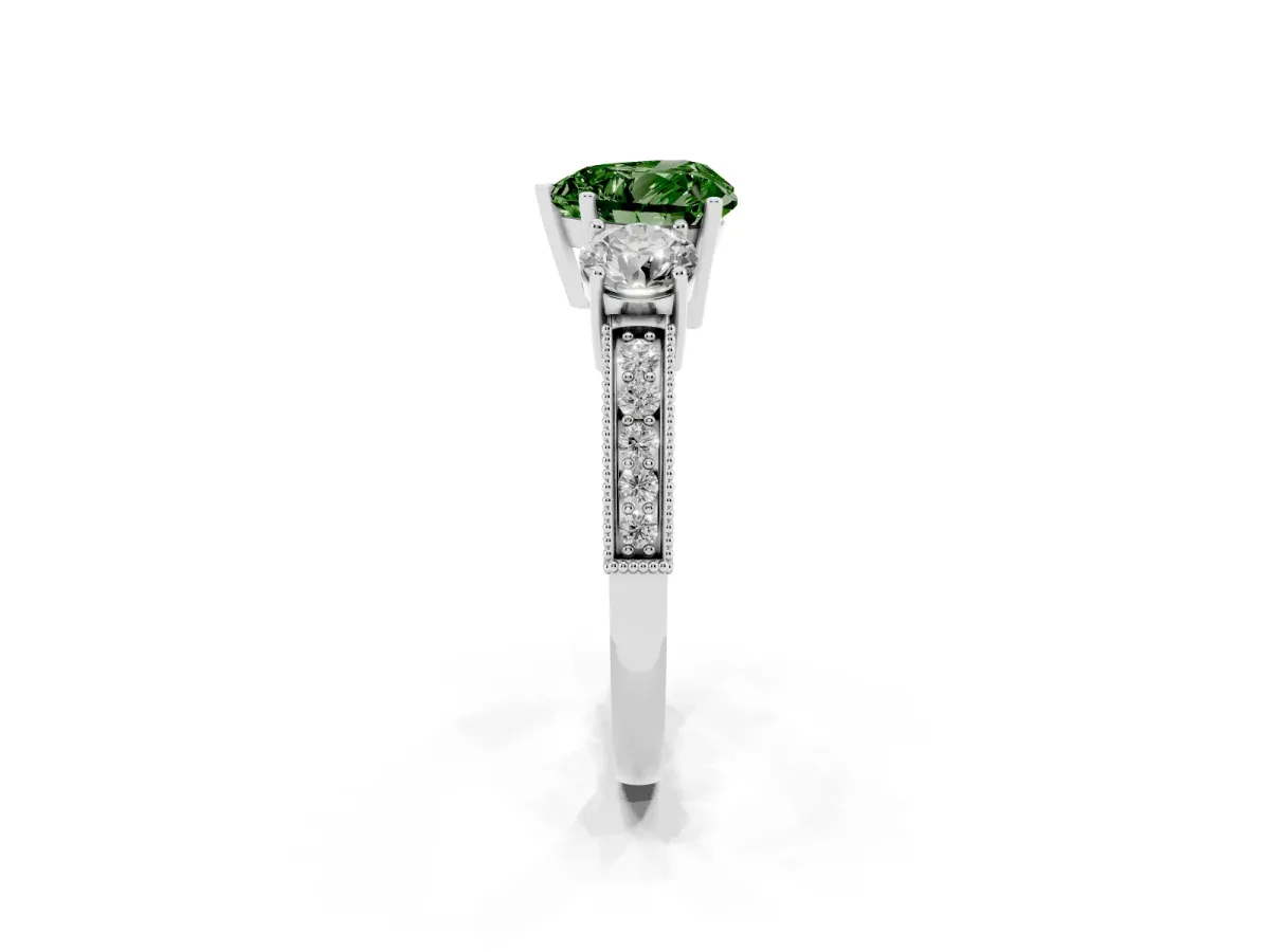 Fancy Green Heart Cut Three-Stone Diamond Ring with Pavé Band and Four-Prong Setting Silver