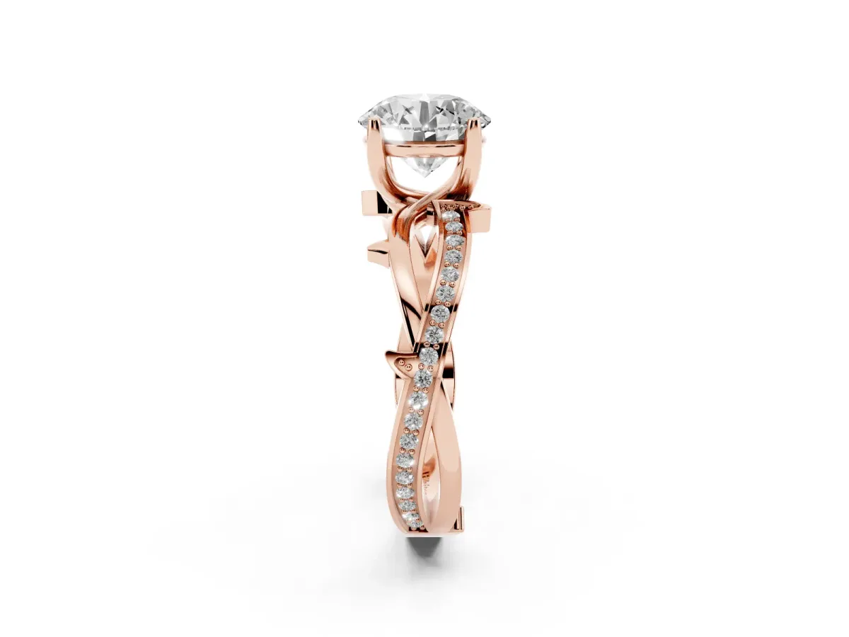 Round Cut Solitaire Twist Band with Pavé Accents and Four-Prong Setting Rose gold