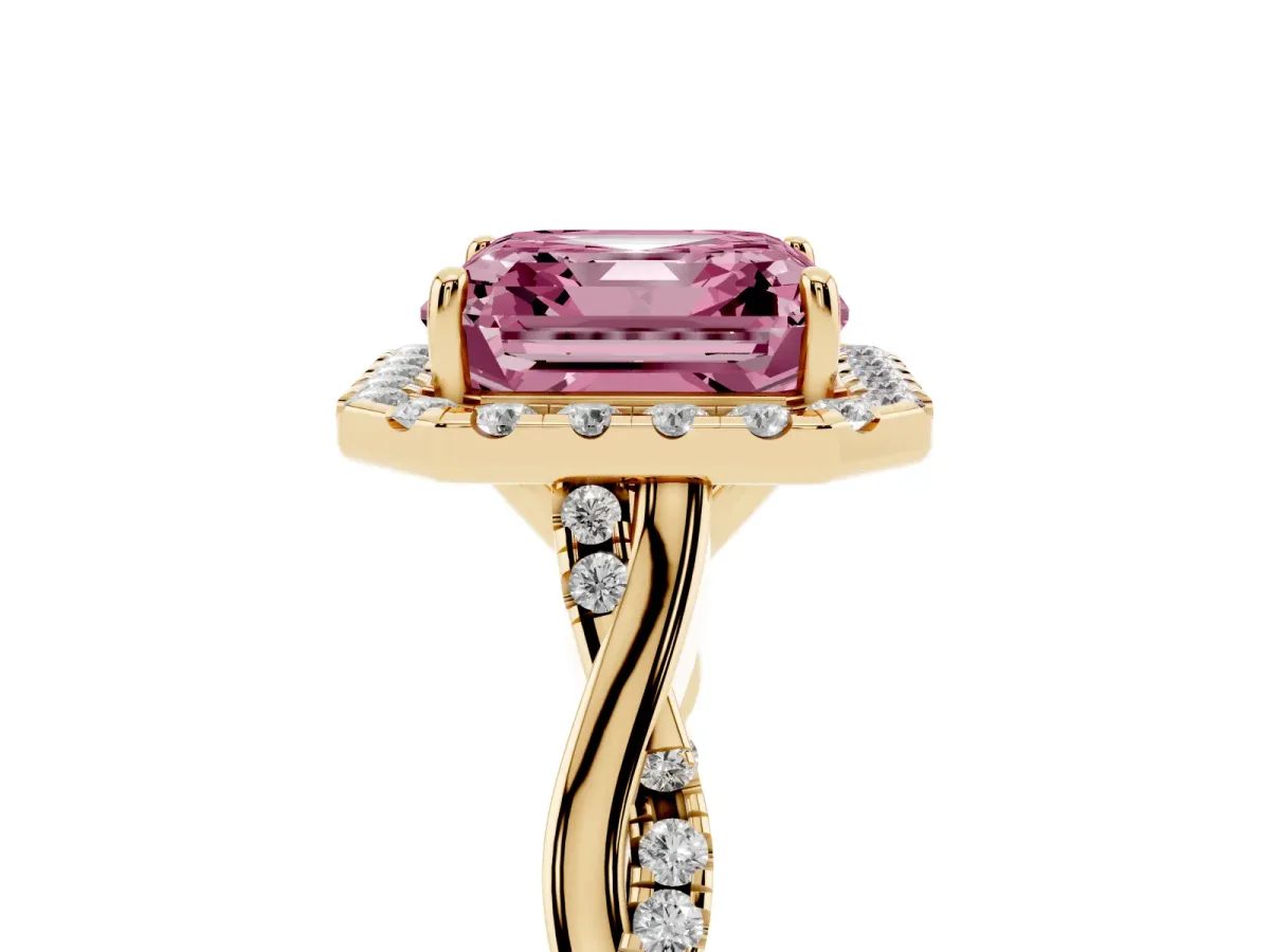 Fancy Pink Asscher Cut Halo Twist Band Solitaire Ring Yellow gold