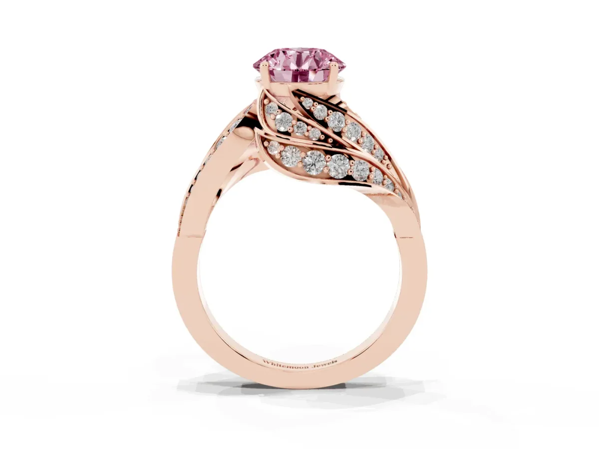 Fancy Pink Round Cut Diamond Solitaire Ring with Prong Setting and Twisted Pavé Band Rose gold