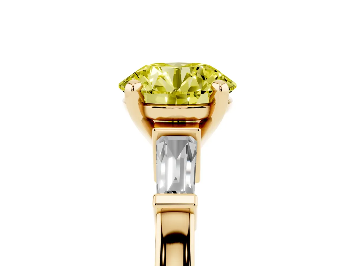 Fancy Yellow Round Cut Cut Diamond Solitaire Ring with Tapered Baguette Accents and Four-Prong Setting Yellow gold