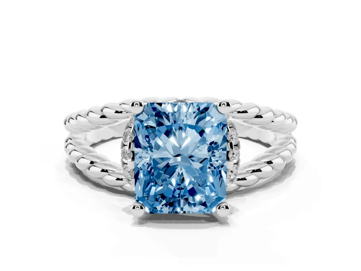Fancy Blue Radiant Cut Halo Twisted Band Four-Prong Ring Silver