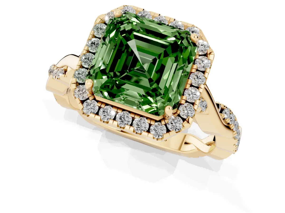 Fancy Green Asscher Cut Halo Twist Band Solitaire Ring Yellow gold