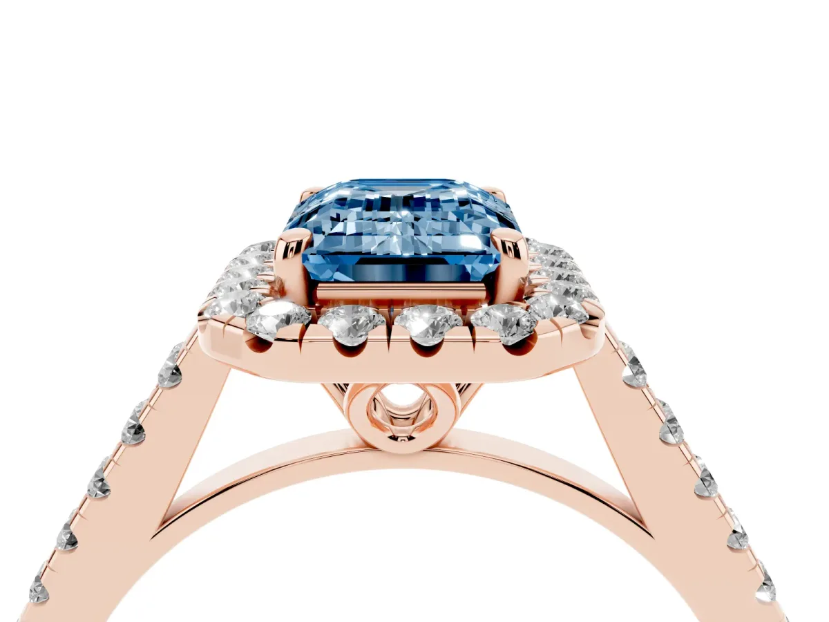 Fancy Blue Emerald Cut Halo Pavé Diamond Engagement Ring with Four-Prong Setting Rose gold