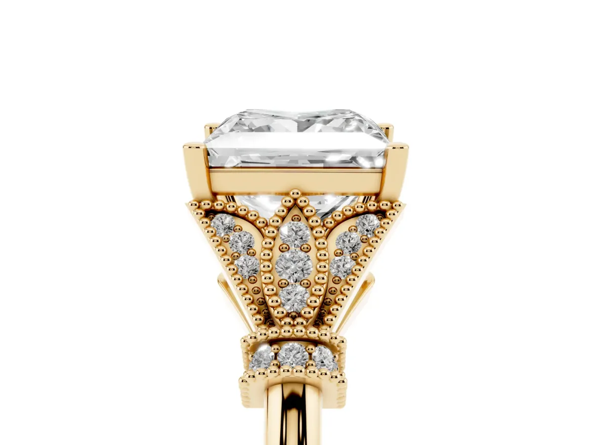 Princess Cut Diamond Solitaire Ring with Floral Filigree and Pave Accents Yellow gold