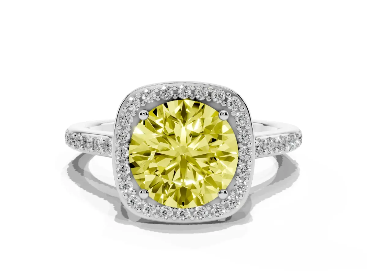 Fancy Yellow Round Cut Diamond Halo Engagement Ring with Round Pavé Shoulders and Prong Setting Platinum
