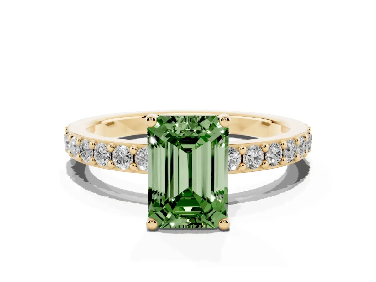 Fancy Green Emerald Cut Cut Diamond Solitaire with Pave Band and Four-Prong Setting Yellow gold