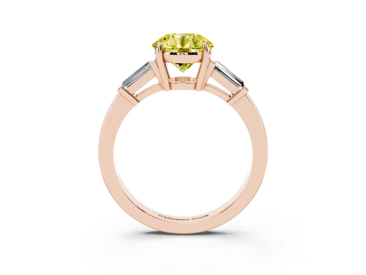 Fancy Yellow Round Cut Diamond Three-Stone Ring with Tapered Baguette Side Stones and Prong Setting Rose gold