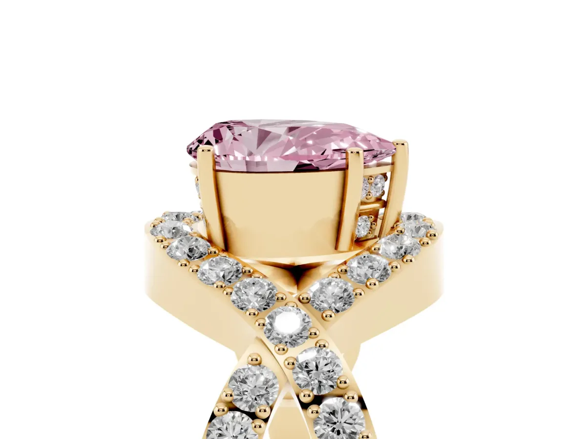 Fancy Pink Pear Cut Solitaire Twist Band Pavé Diamond Engagement Ring Yellow gold