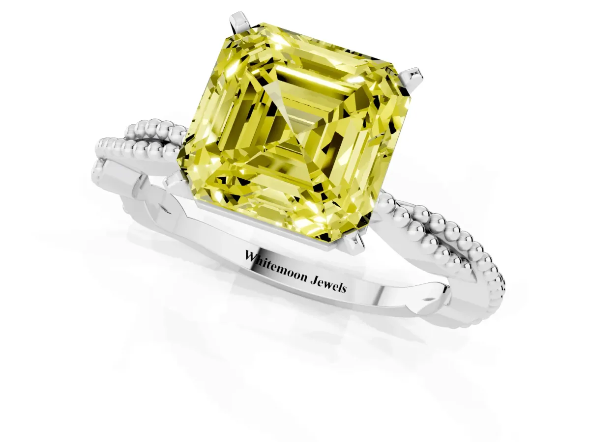 Fancy Yellow Asscher Cut Solitaire Twisted Band with Bead Prong Setting Silver