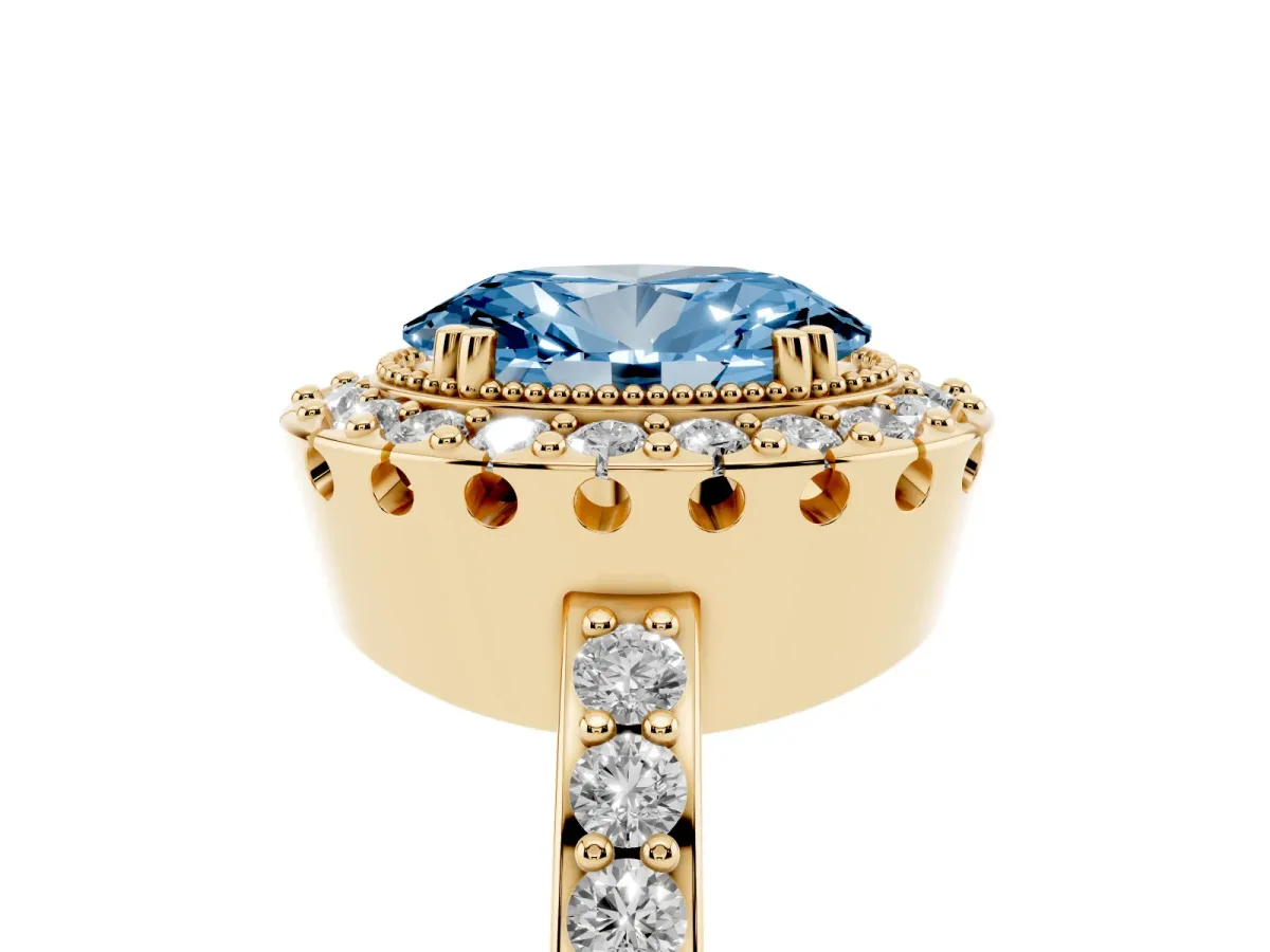 Fancy Blue Oval Cut Diamond Halo Ring with Pavé Band and Prong Setting Yellow gold
