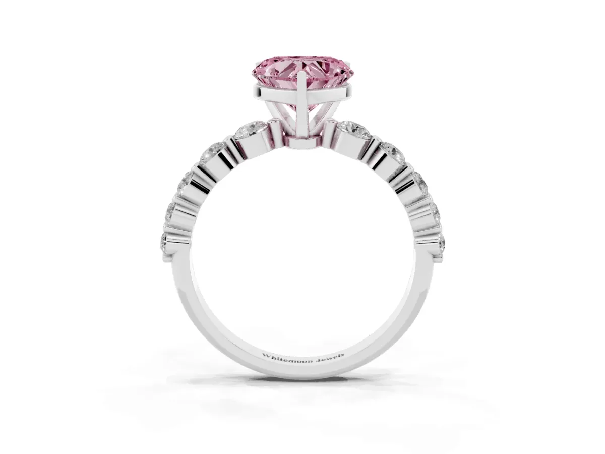 Fancy Pink Heart Cut Solitaire Diamond Ring with Pave Band and Four-Prong Setting Silver