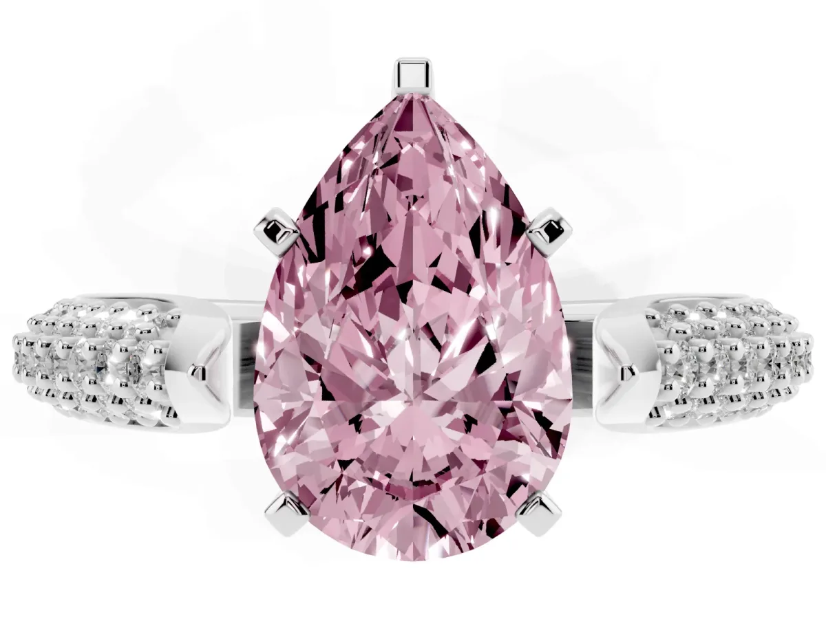 Fancy Pink Pear Cut Diamond Solitaire Engagement Ring with Multi-Row Round Pavé Band and Prong Setting Silver
