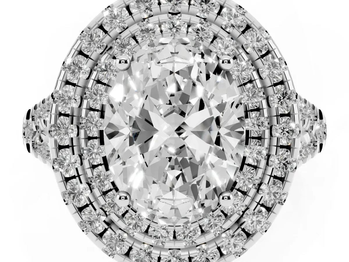 Double Halo Oval Cut Diamond Pavé Split Shank Ring with Prong Setting Silver
