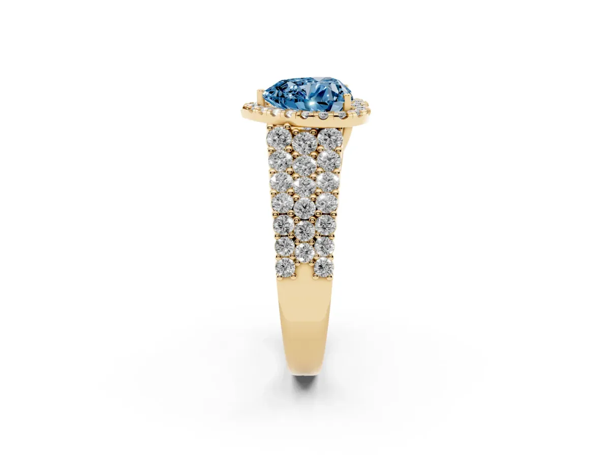Fancy Blue Heart Cut Diamond Halo Engagement Ring with Triple Row Round Pavé Band and Prong Setting Yellow gold