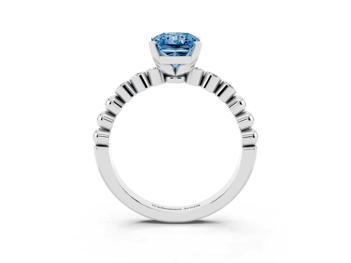 Fancy Blue Radiant Cut Solitaire Bezel Accent Diamond Engagement Ring with Beaded Band and Four-Prong Setting Platinum