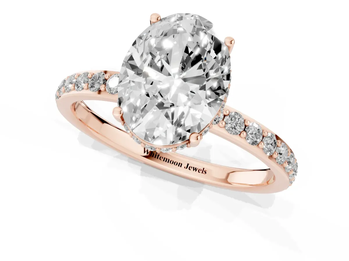 Oval Cut Diamond Solitaire Ring with Pavé Band and Hidden Halo Rose gold