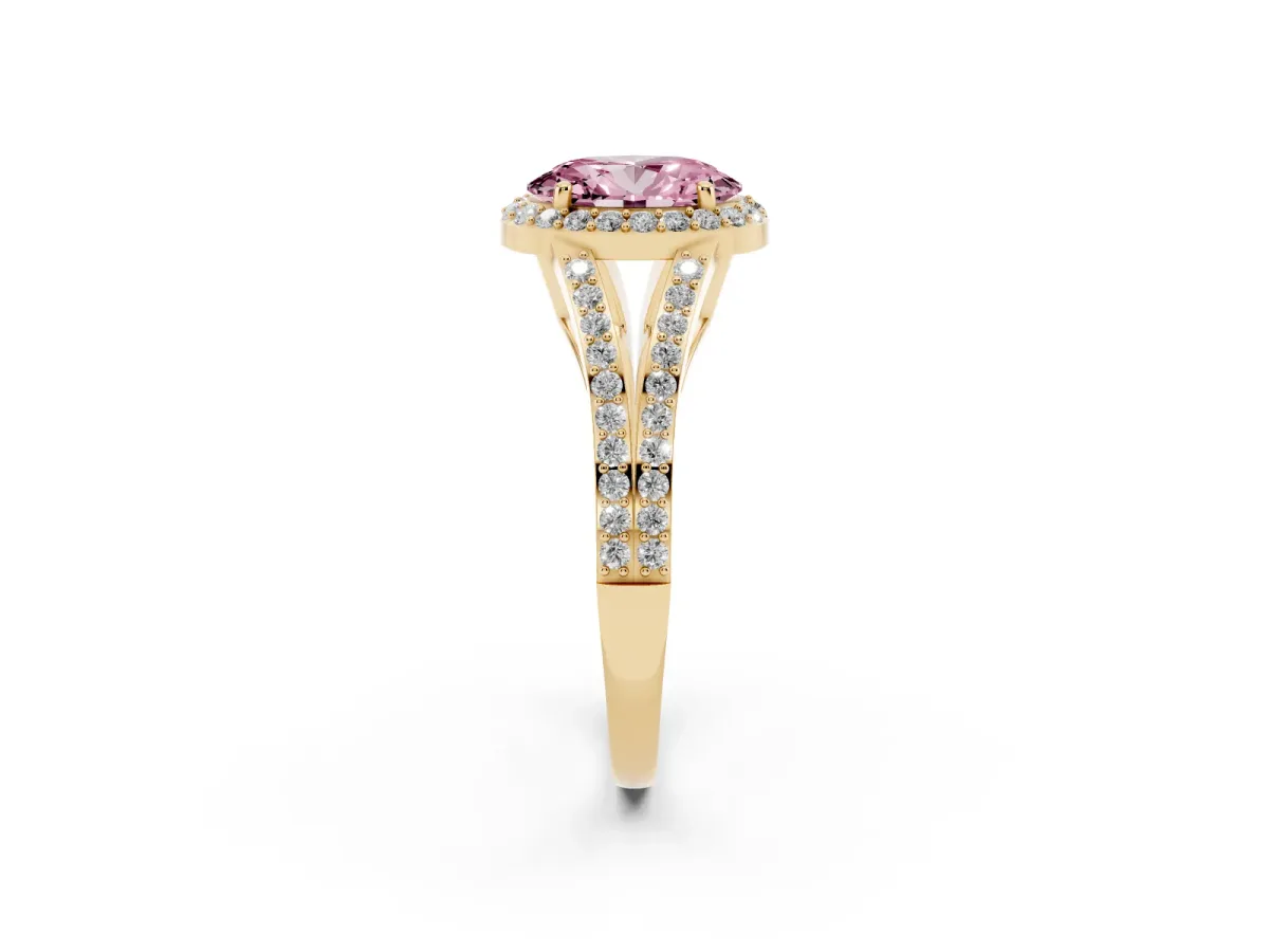 Fancy Pink Oval Cut Halo Split Shank Pave Diamond Ring with Four-Prong Setting Yellow gold