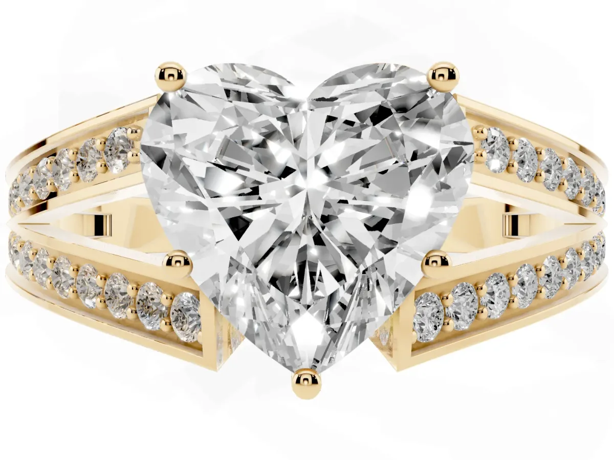 Heart Cut Diamond Split Shank Ring with Pavé Band and Four-Prong Setting Yellow gold