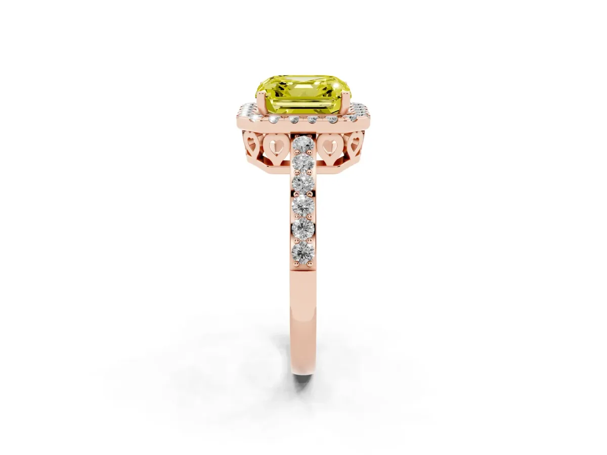 Fancy Yellow Asscher Cut Halo Diamond Pavé Band Ring with Prong Setting Rose gold