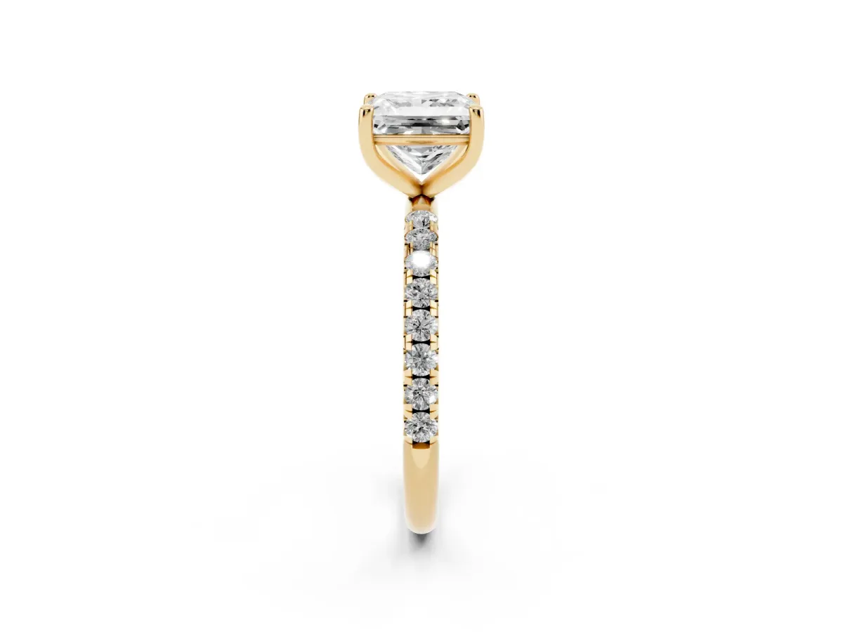 Princess Cut Cut Diamond Solitaire Ring with Micro Pave Band and Four Prong Setting Yellow gold