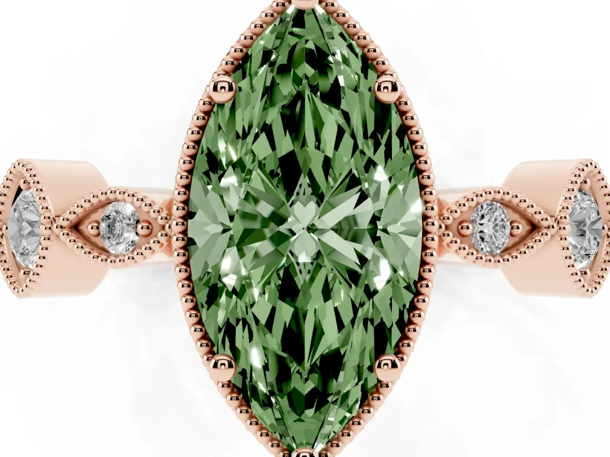 Fancy Green Marquise Cut Diamond Vintage Milgrain Ring with Round Stations Rose gold