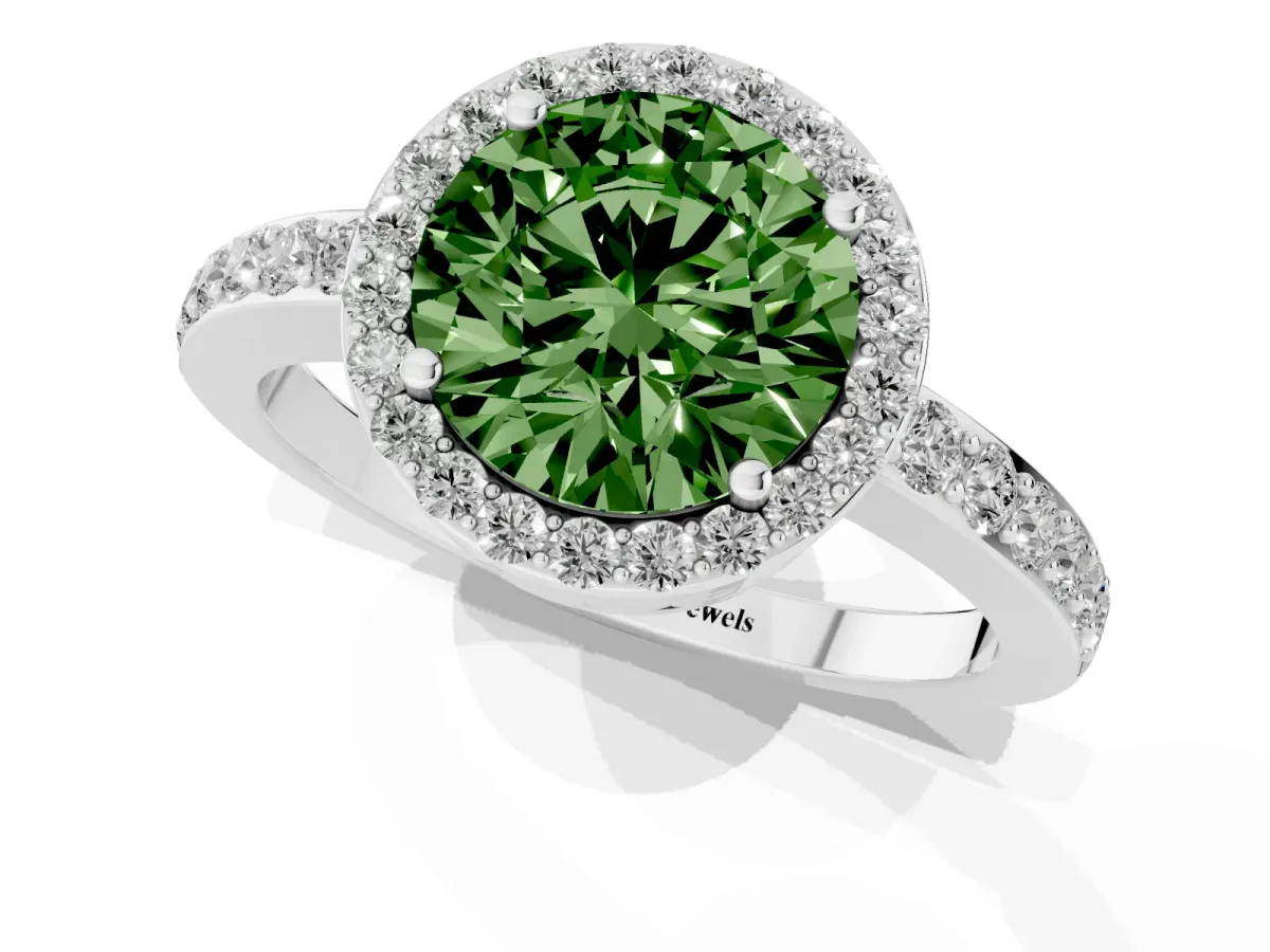 Fancy Green Round Cut Halo Diamond Pavé Band Ring with Prong Setting Silver