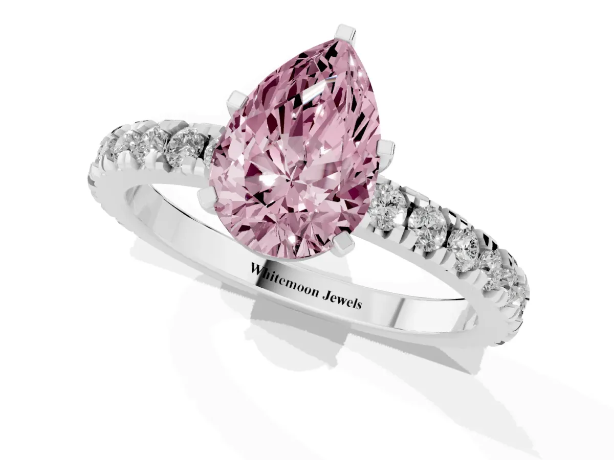 Fancy Pink Pear Cut Diamond Pavé Band Solitaire with Four-Prong Setting Silver